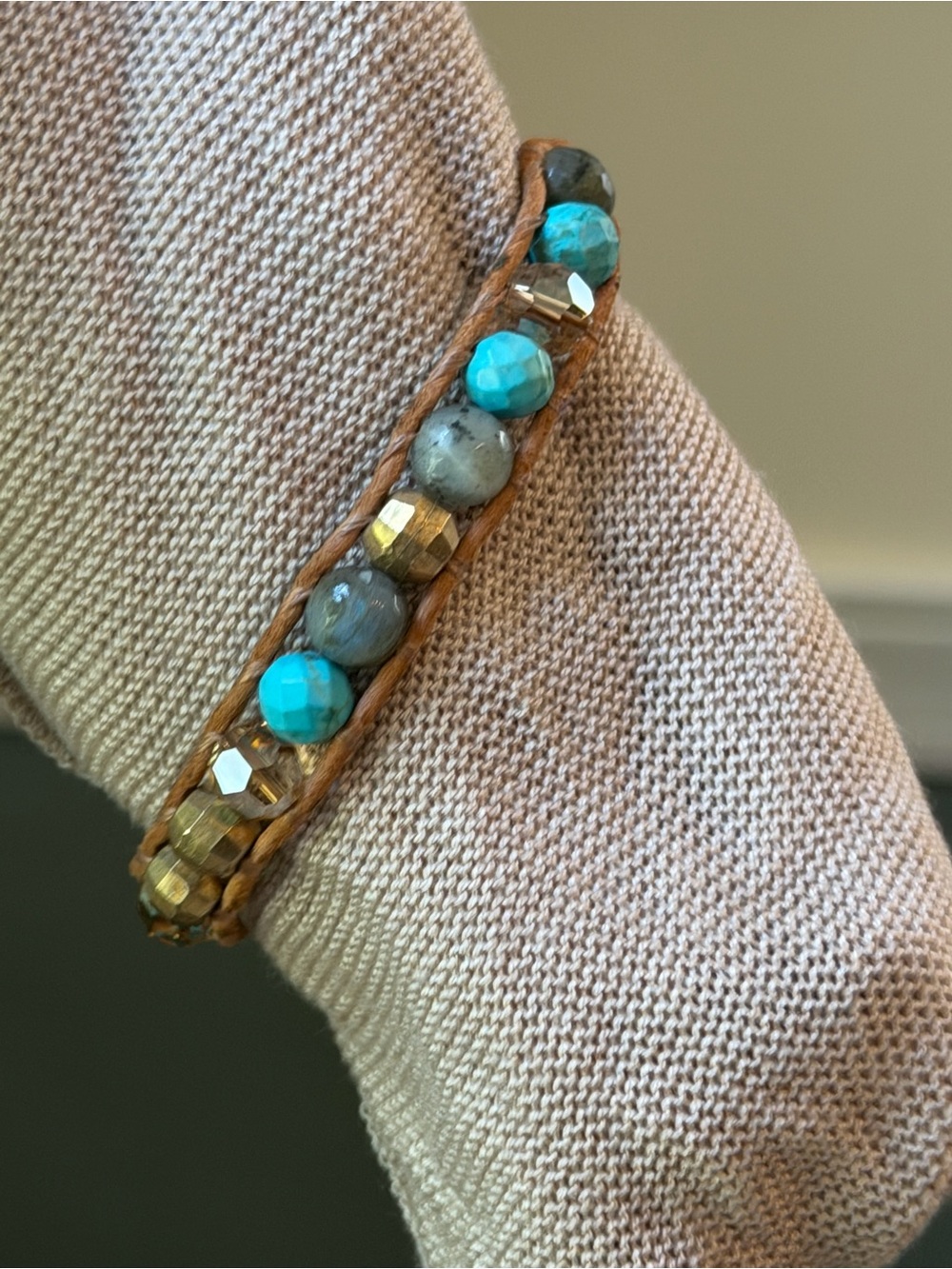 Chan Luu Turquoise Labradorite Gold Bead Single Wrap Leather Bracelet Boho - Picture 7 of 8
